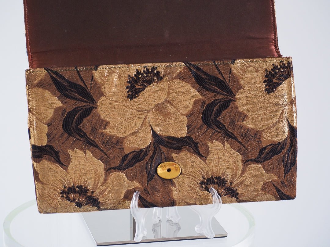 1960s Lennox Gold & Brown Floral Brocade Evening Clutch Accessories - Afterthought Vintage