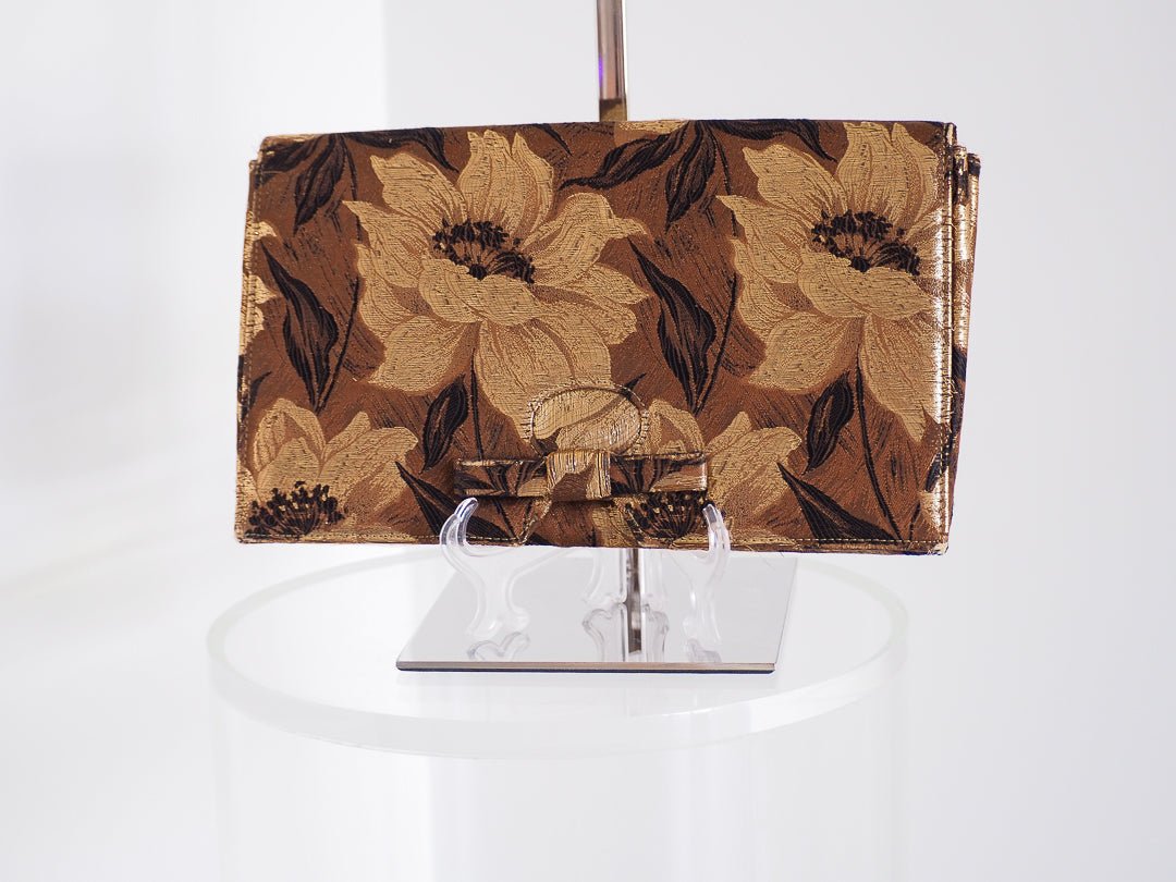 1960s Lennox Gold & Brown Floral Brocade Evening Clutch Accessories - Afterthought Vintage