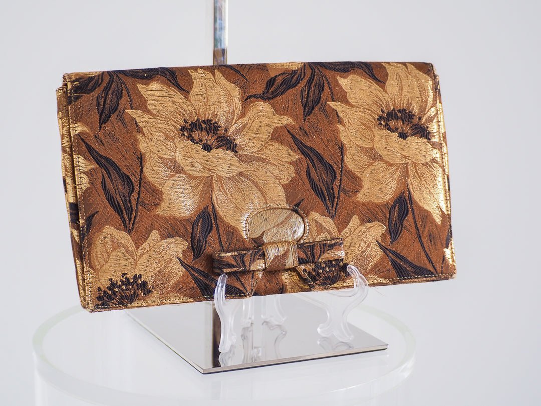 1960s Lennox Gold & Brown Floral Brocade Evening Clutch Accessories - Afterthought Vintage