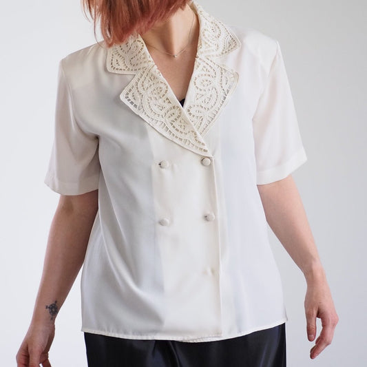 1980s Barrie Pace Double - Breasted Blouse with Lace Collar Clothes - Afterthought Vintage