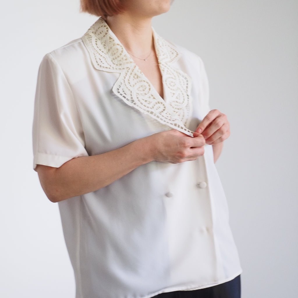 1980s Barrie Pace Double - Breasted Blouse with Lace Collar Clothes - Afterthought Vintage