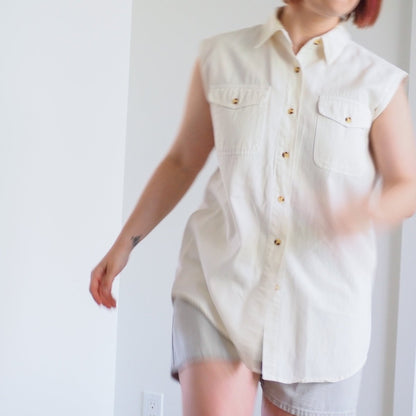 1990s Ellemeno White Sleeveless Button - Up Shirt Clothes - Afterthought Vintage