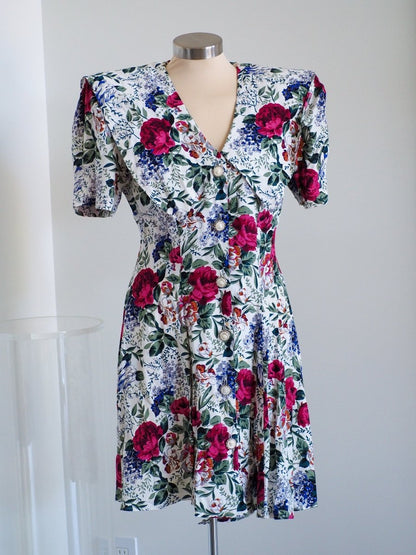 80s All That Jazz Floral Collared Dress with Shoulder Pads Clothes - Afterthought Vintage