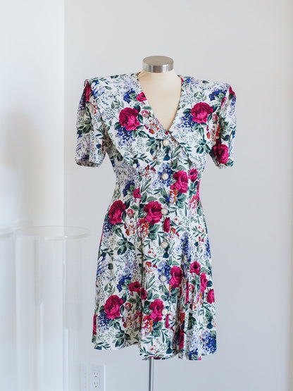 80s All That Jazz Floral Collared Dress with Shoulder Pads Clothes - Afterthought Vintage