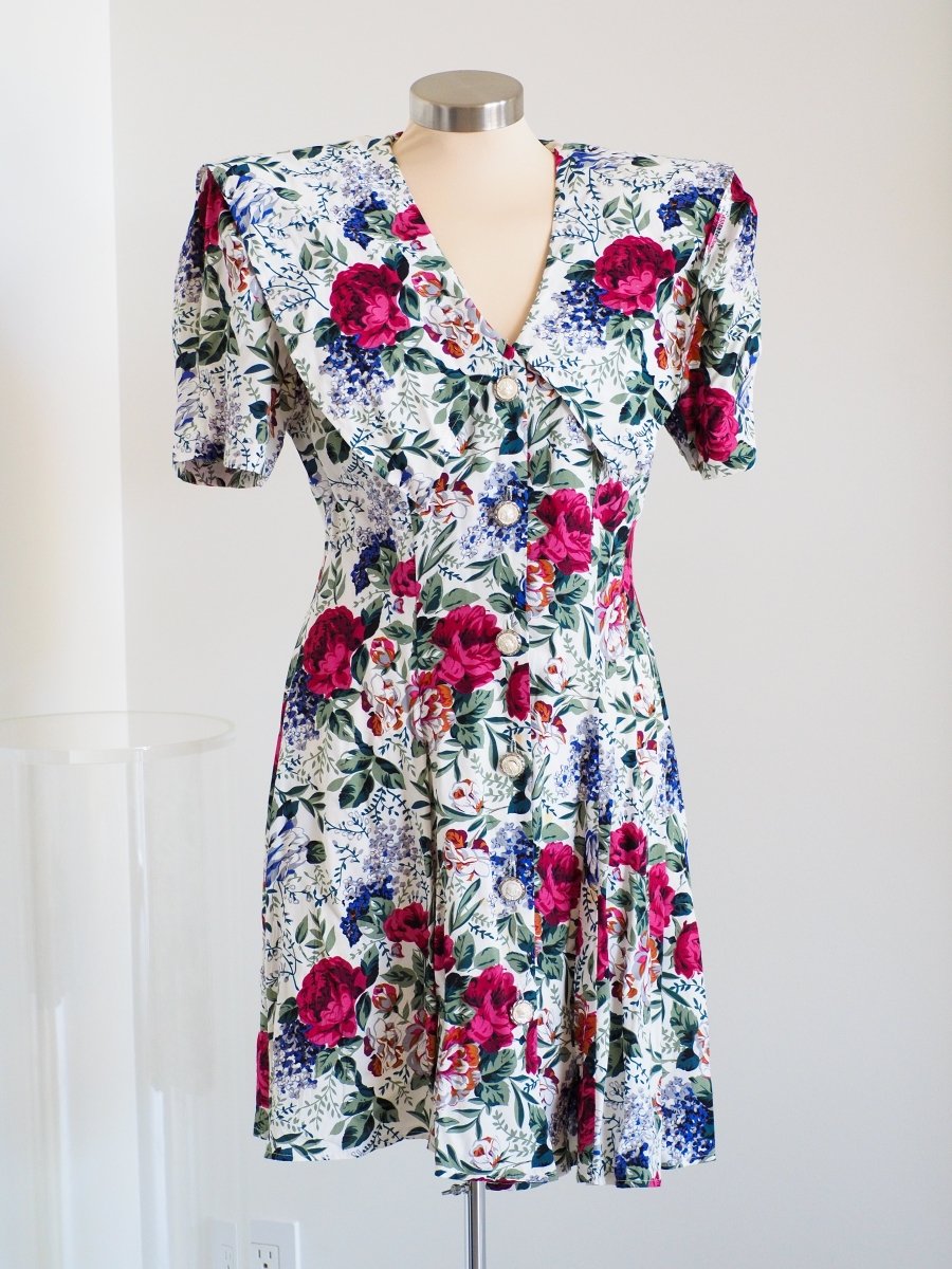 80s All That Jazz Floral Collared Dress with Shoulder Pads Clothes - Afterthought Vintage