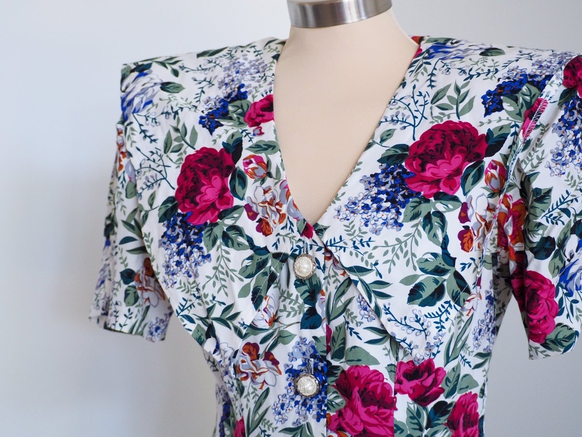 80s All That Jazz Floral Collared Dress with Shoulder Pads Clothes - Afterthought Vintage