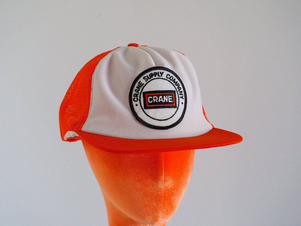 80s Crane Supply Company Logo Orange Trucker Hat Accessories - Afterthought Vintage