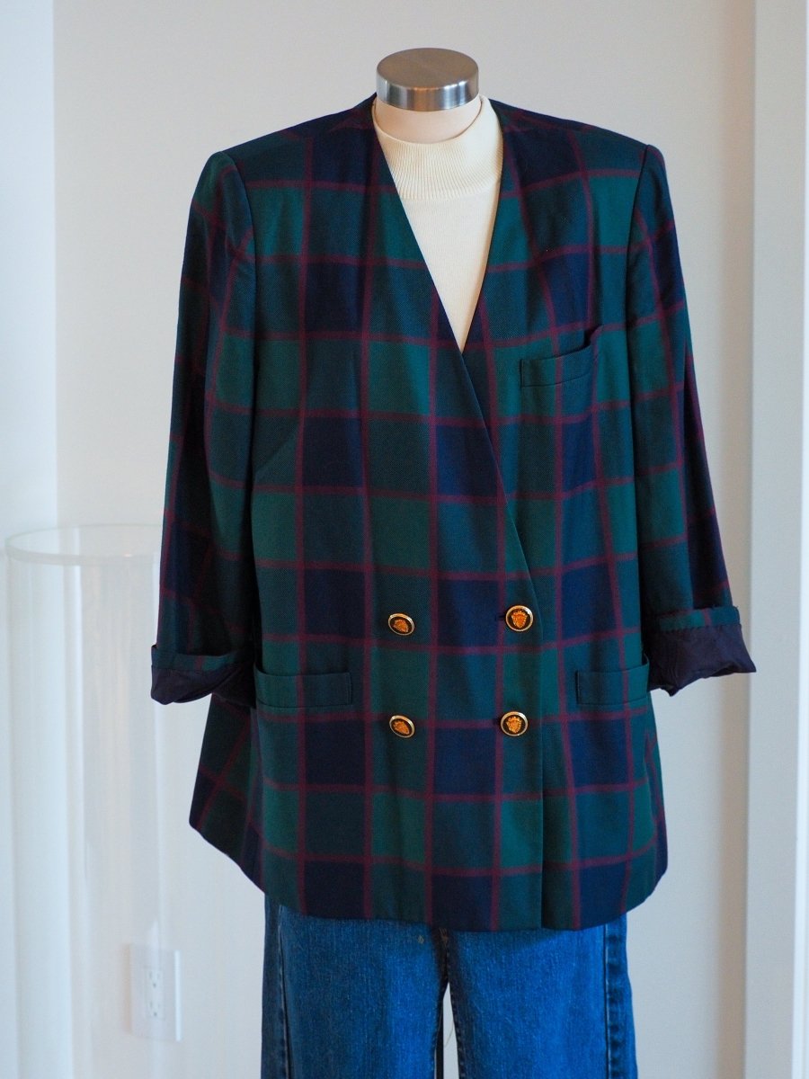 80s Kasper II for ASL Plaid Double Breasted Blazer Clothes - Afterthought Vintage