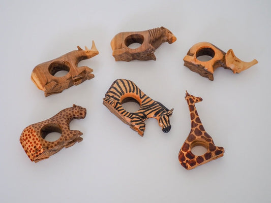 90s African Natural Wood - carved Animal Napkin Rings (Set of 6) Lifestyle - Afterthought Vintage