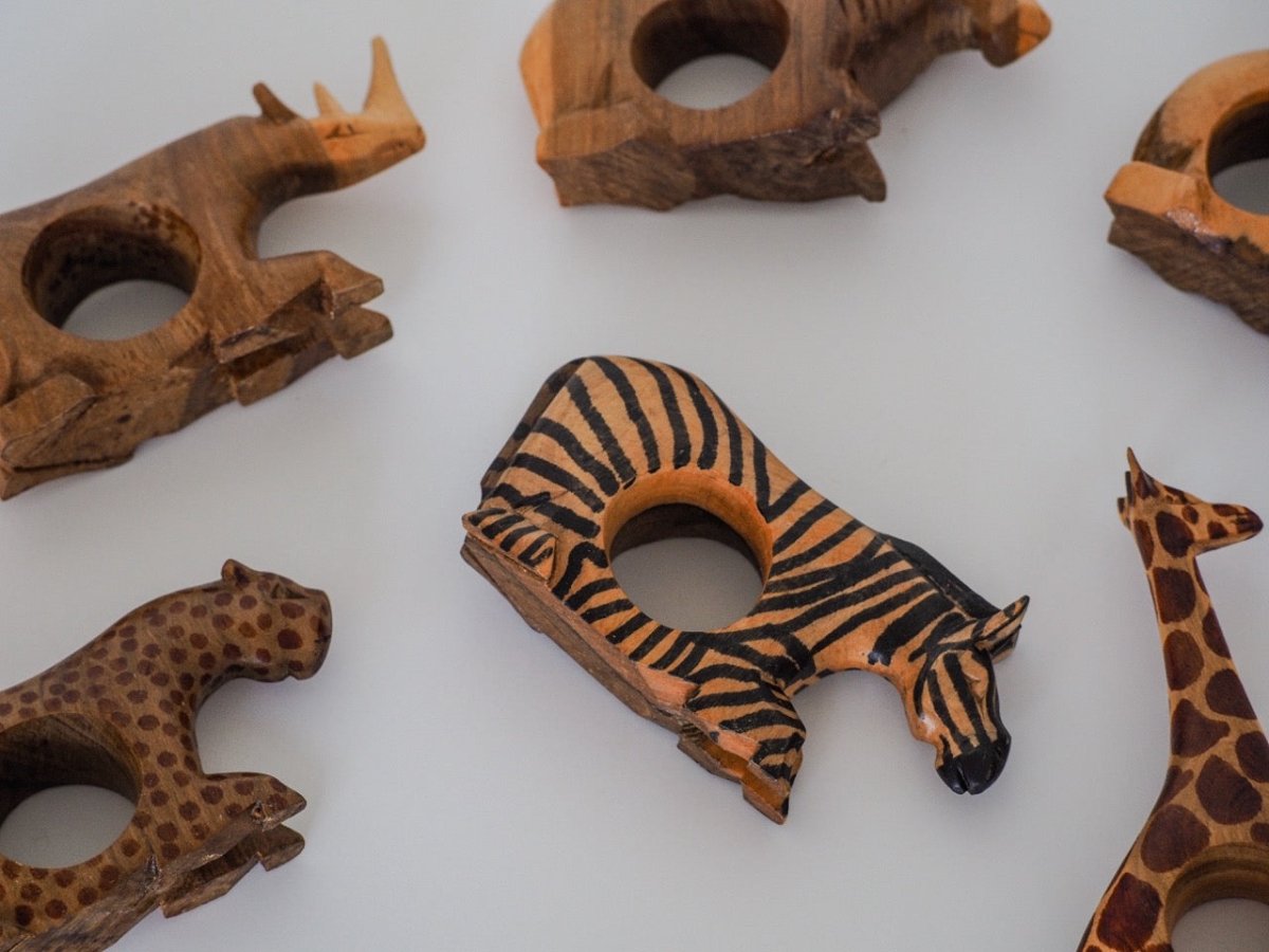 90s African Natural Wood - carved Animal Napkin Rings (Set of 6) Lifestyle - Afterthought Vintage