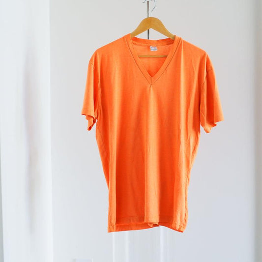 90S American Apparel Neon Orange V - Neck T-Shirt - Single Stitch Clothes - Afterthought Vintage