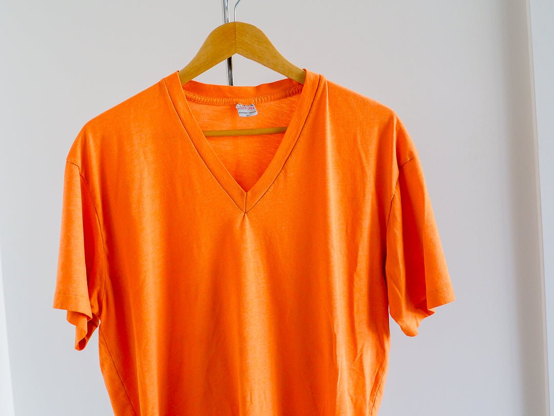 90S American Apparel Neon Orange V - Neck T-Shirt - Single Stitch Clothes - Afterthought Vintage