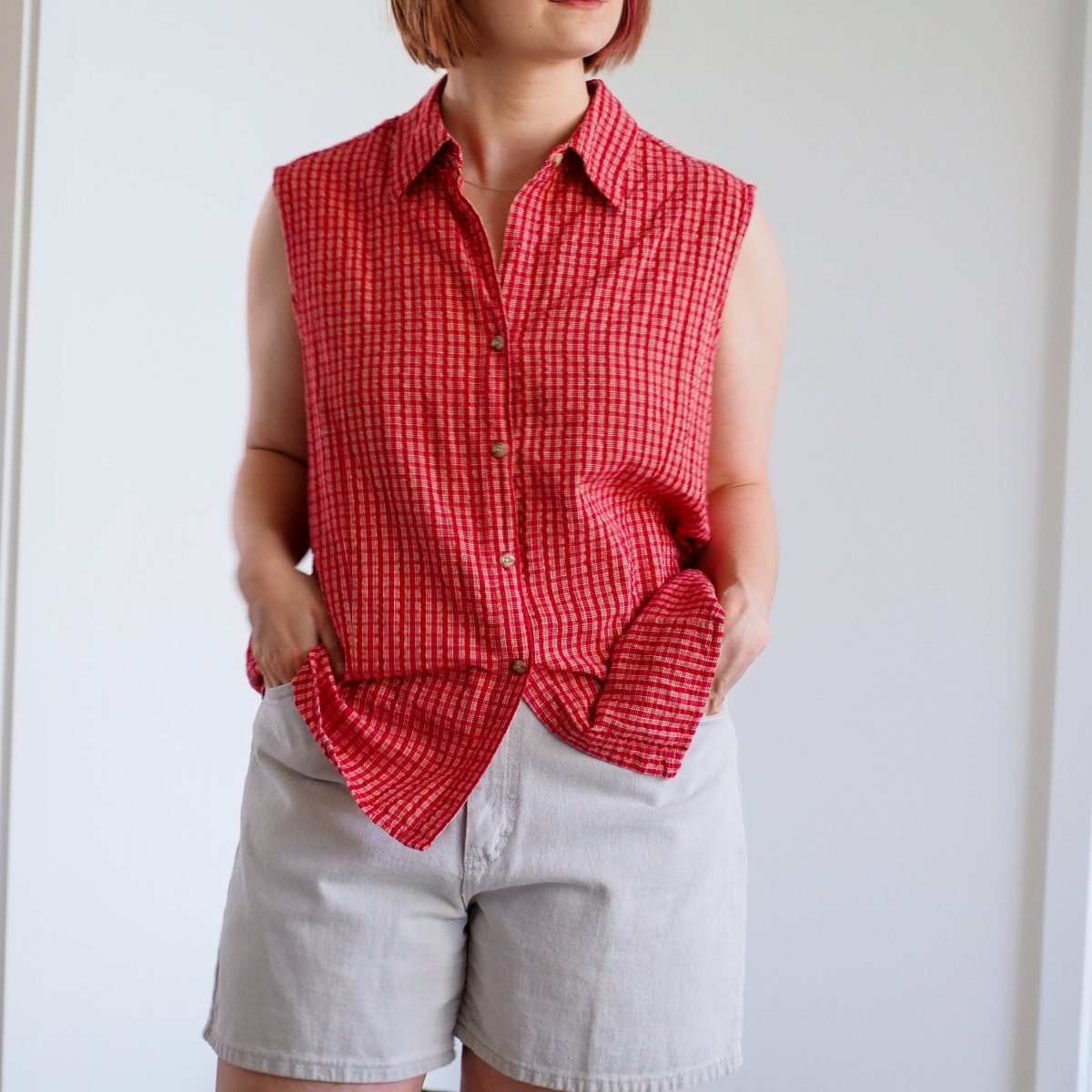 90s Classic Elements Red Plaid Button Up Sleeveless Shirt Clothes - Afterthought Vintage