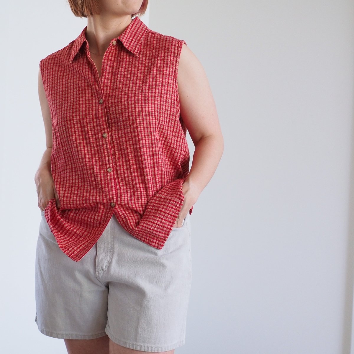 90s Classic Elements Red Plaid Button Up Sleeveless Shirt Clothes - Afterthought Vintage