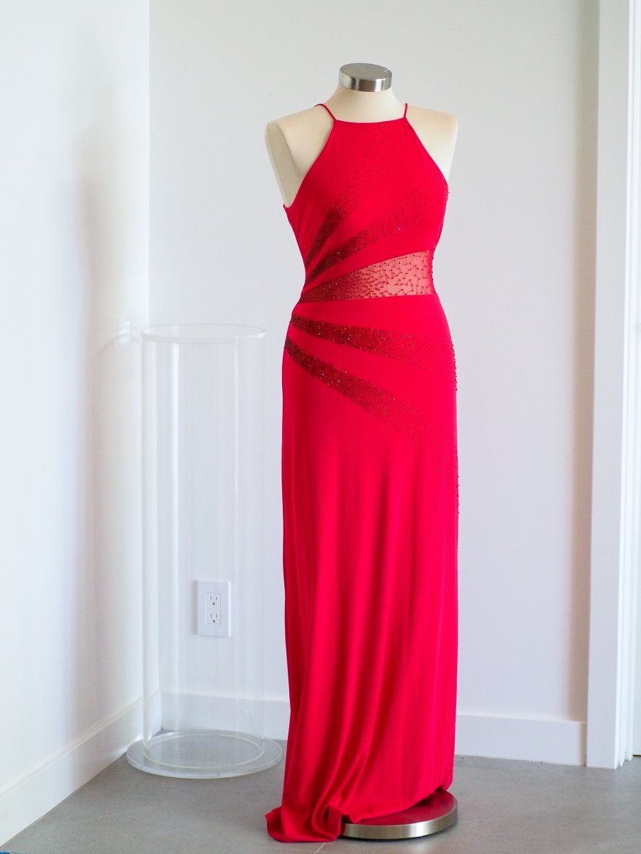 90s De Laru by Sheila Yen Red Sunburst Backless Bodycon Evening Gown Clothes - Afterthought Vintage