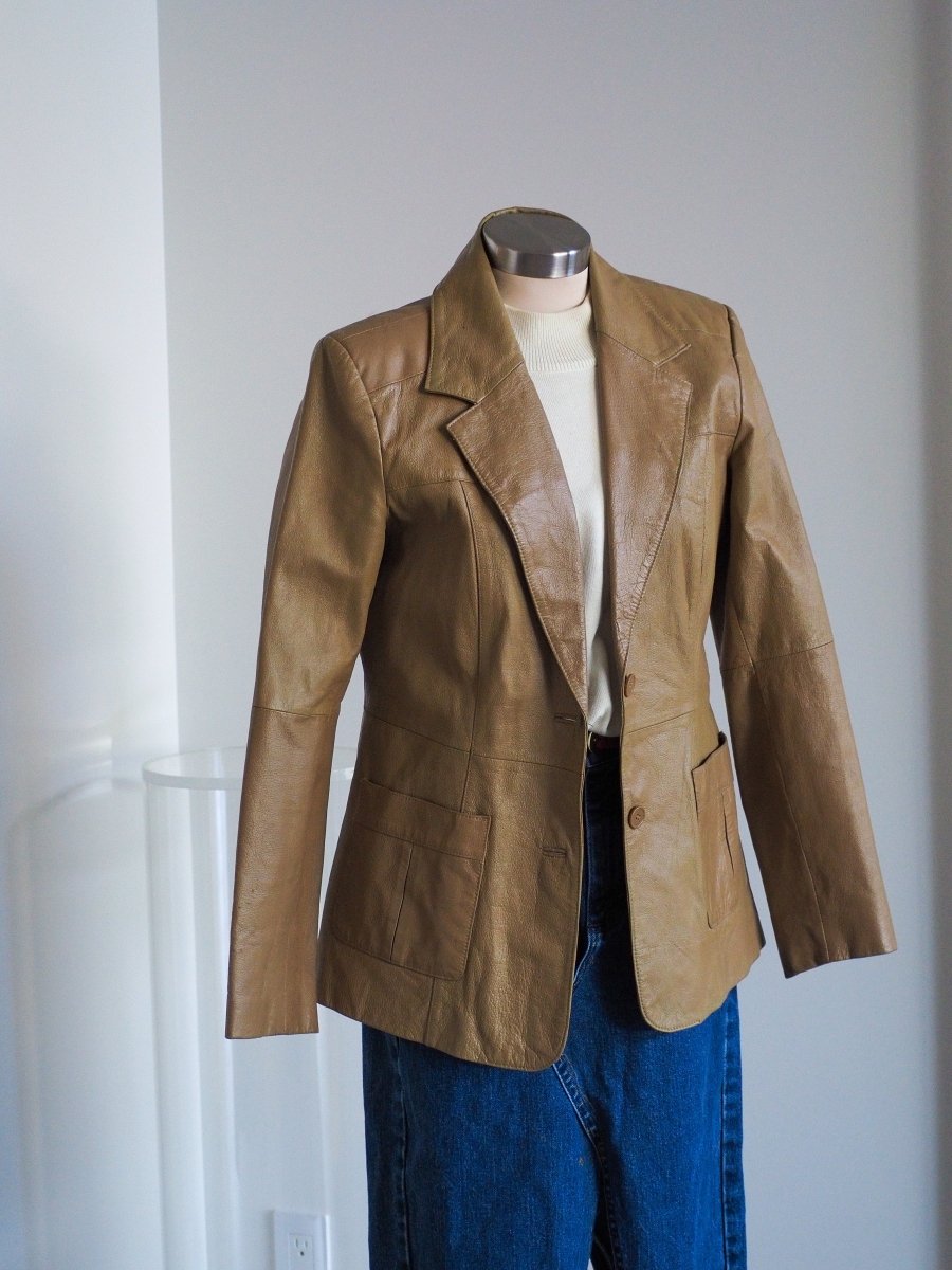 90s Newport News Women's Tan Leather Blazer Clothes - Afterthought Vintage