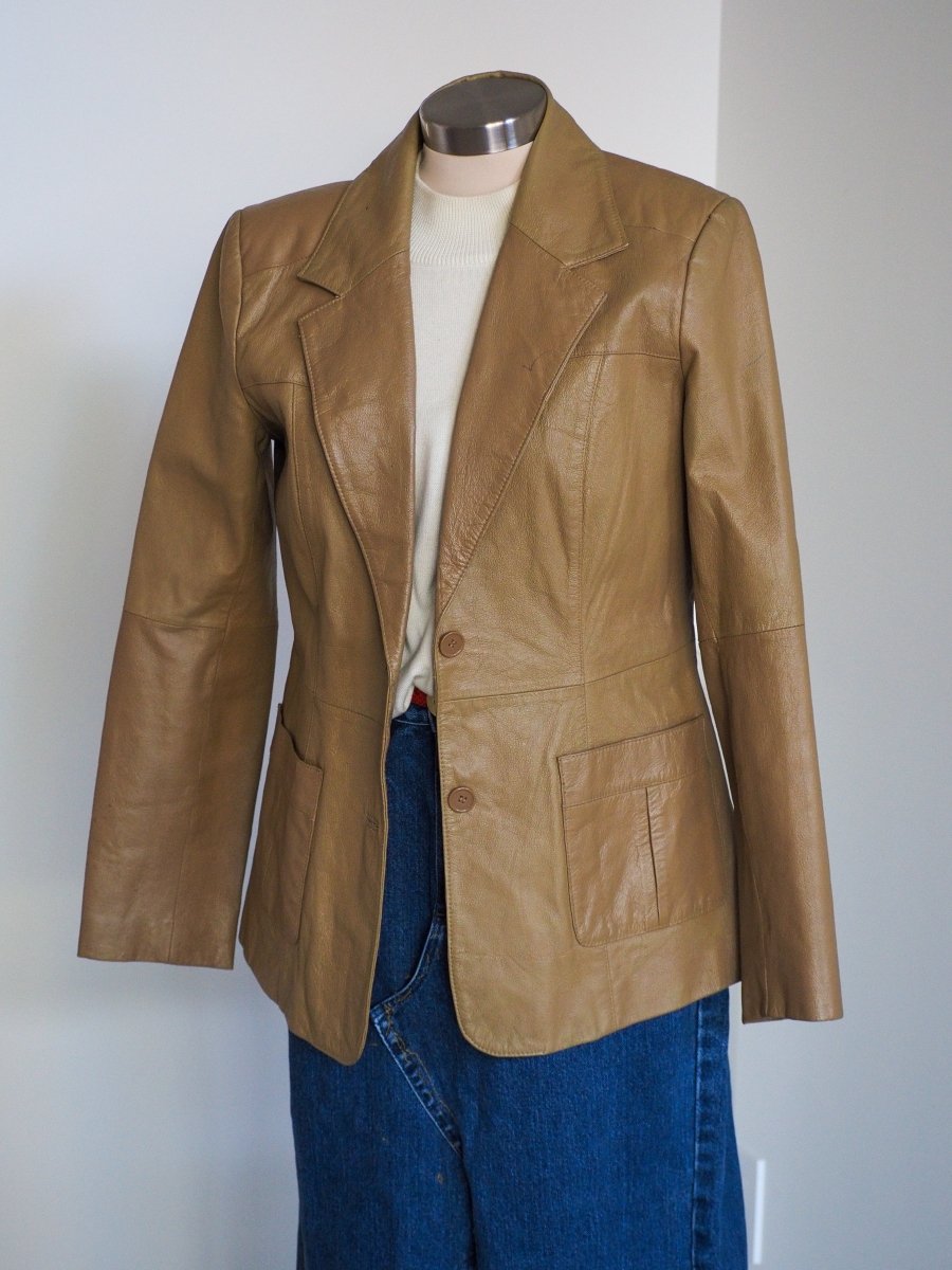 90s Newport News Women's Tan Leather Blazer Clothes - Afterthought Vintage