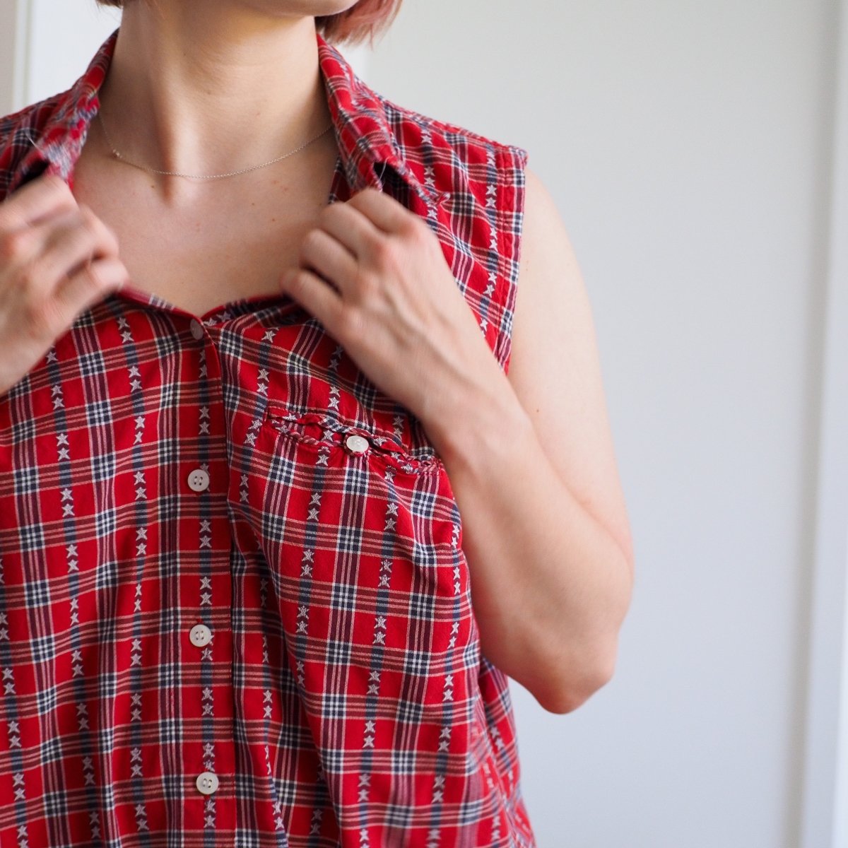 90s Star - Spangled Red Plaid Sleeveless Button Up Shirt Clothes - Afterthought Vintage