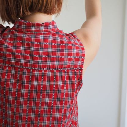 90s Star - Spangled Red Plaid Sleeveless Button Up Shirt Clothes - Afterthought Vintage