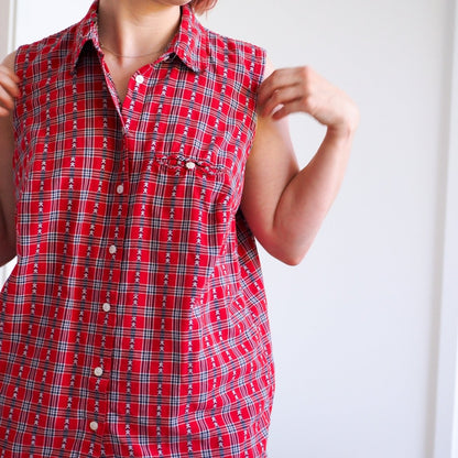 90s Star - Spangled Red Plaid Sleeveless Button Up Shirt Clothes - Afterthought Vintage