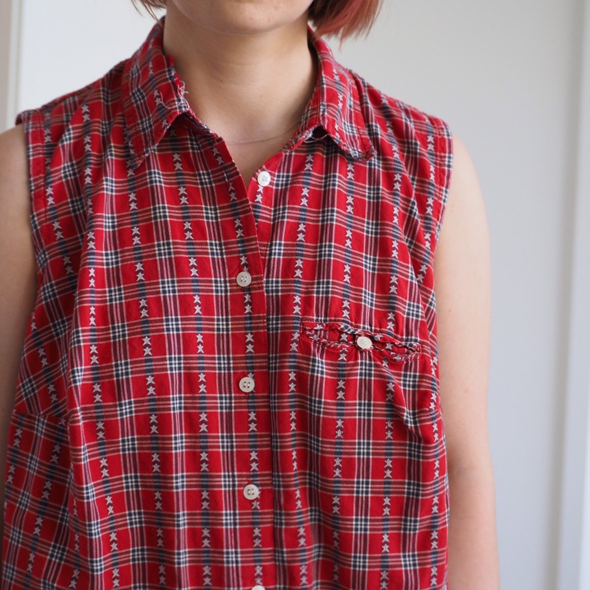 90s Star - Spangled Red Plaid Sleeveless Button Up Shirt Clothes - Afterthought Vintage