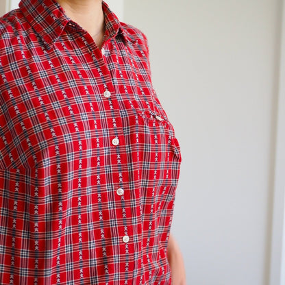 90s Star - Spangled Red Plaid Sleeveless Button Up Shirt Clothes - Afterthought Vintage