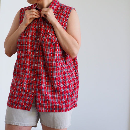 90s Star - Spangled Red Plaid Sleeveless Button Up Shirt Clothes - Afterthought Vintage