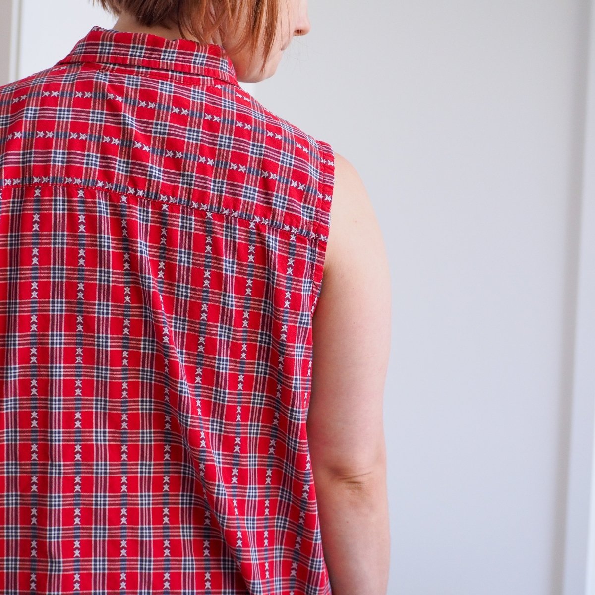 90s Star - Spangled Red Plaid Sleeveless Button Up Shirt Clothes - Afterthought Vintage