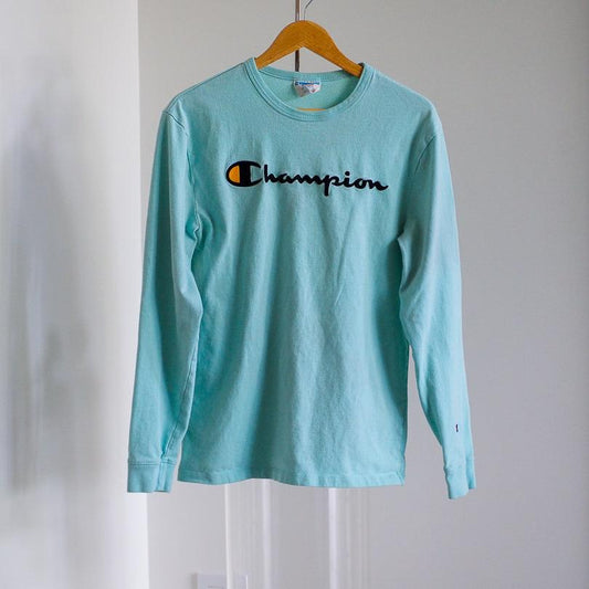 Champion Aqua Blue Embroidered Logo Crewneck Sweatshirt Clothes - Afterthought Vintage