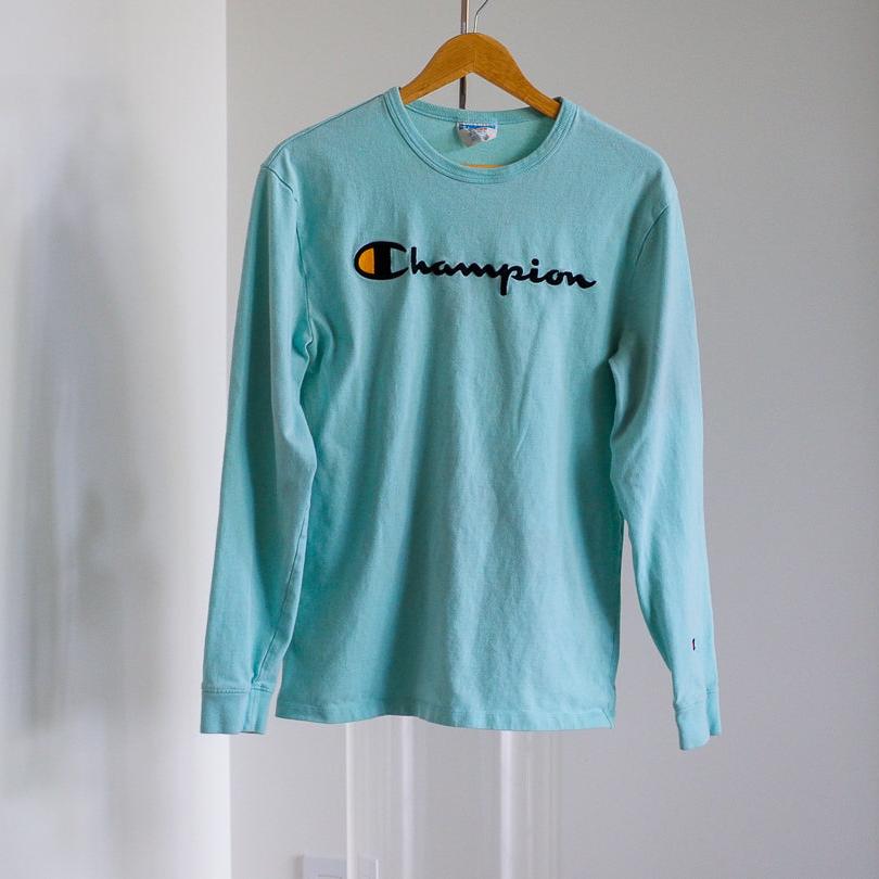 Champion Aqua Blue Embroidered Logo Crewneck Sweatshirt Clothes - Afterthought Vintage