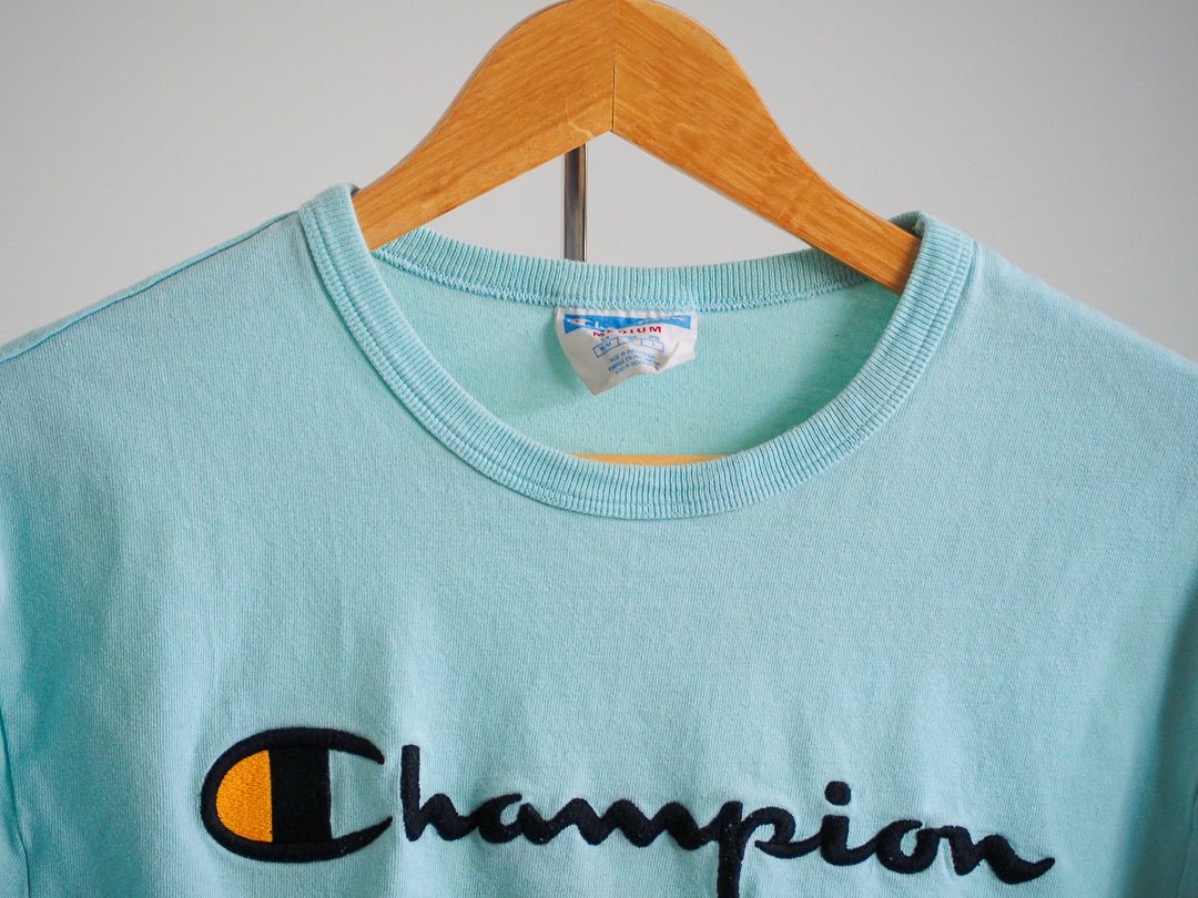 Champion Aqua Blue Embroidered Logo Crewneck Sweatshirt Clothes - Afterthought Vintage