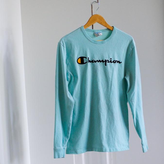 Champion Aqua Blue Embroidered Logo Crewneck Sweatshirt Clothes - Afterthought Vintage