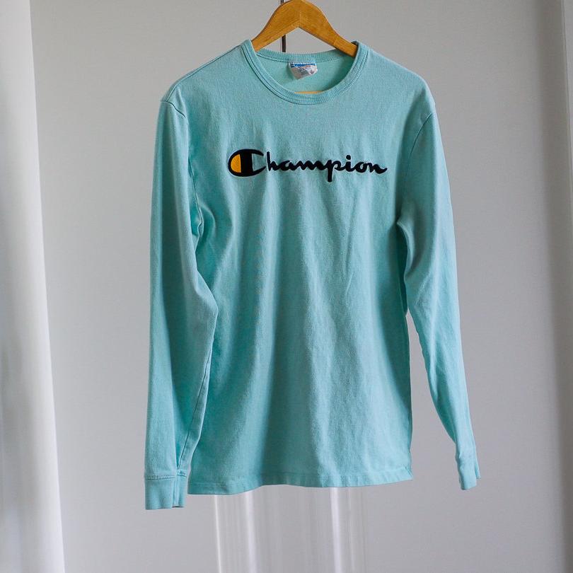 Champion Aqua Blue Embroidered Logo Crewneck Sweatshirt Clothes - Afterthought Vintage