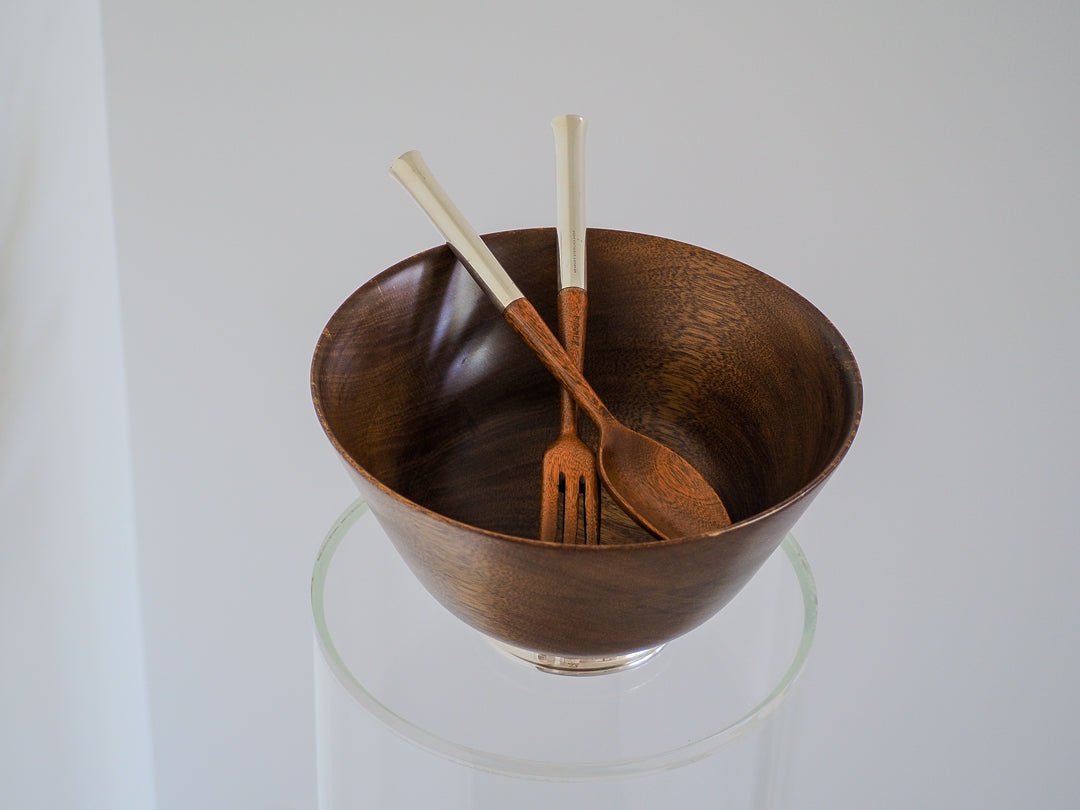 MCM Wooden Salad Bowl and Utensils with Sterling Silver by Newport Silver Co. Lifestyle - Afterthought Vintage