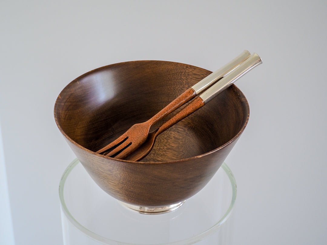 MCM Wooden Salad Bowl and Utensils with Sterling Silver by Newport Silver Co. Lifestyle - Afterthought Vintage