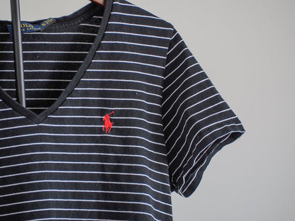 Striped Ralph Lauren Polo V - Neck T-Shirt - Single Stitch Clothes - Afterthought Vintage