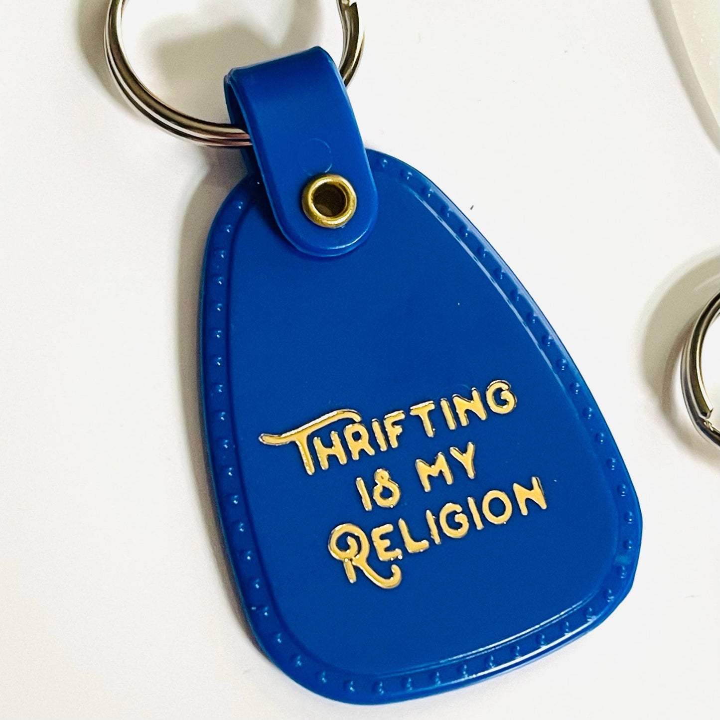 'Thrifting is My Religion' Retro Plastic Saddle Keychain by The Silver Spider Lifestyle - The Silver Spider Print Shop - Afterthought Vintage