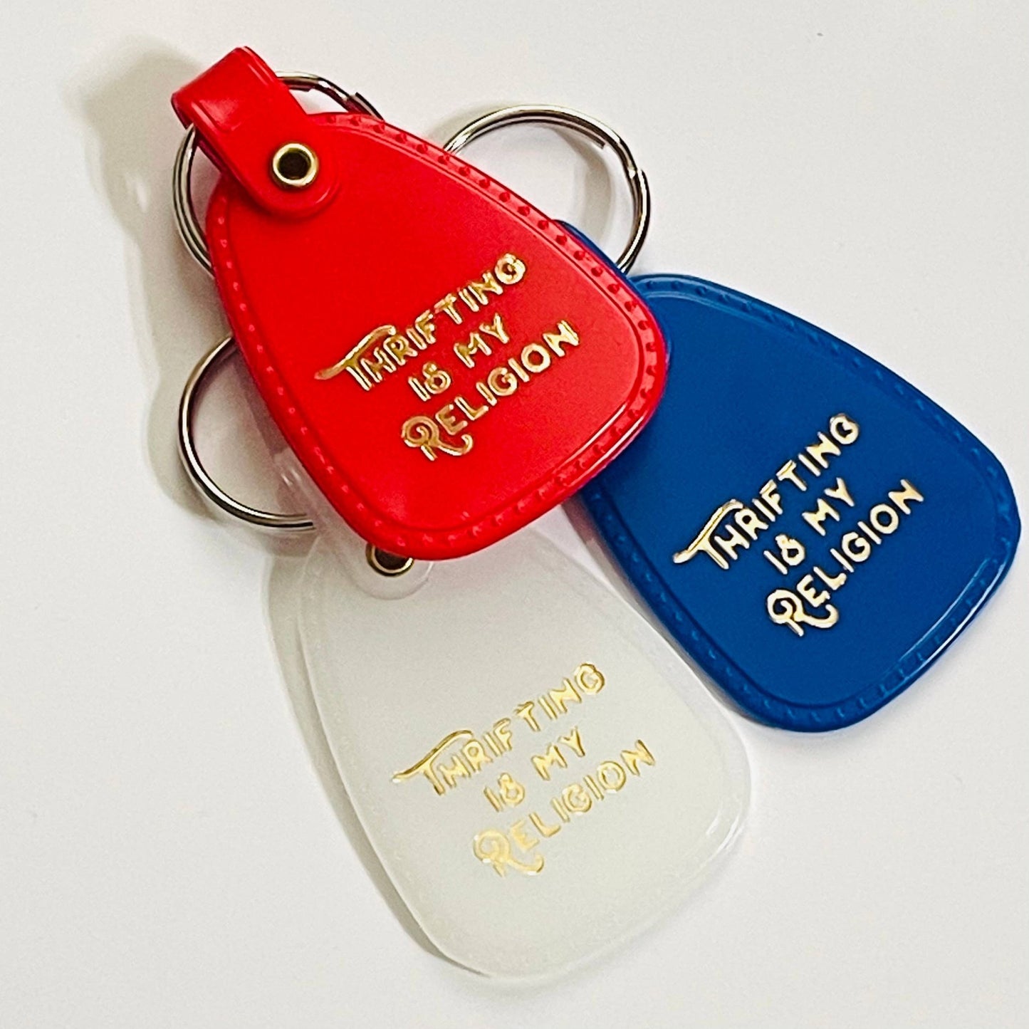 'Thrifting is My Religion' Retro Plastic Saddle Keychain by The Silver Spider Lifestyle - The Silver Spider Print Shop - Afterthought Vintage