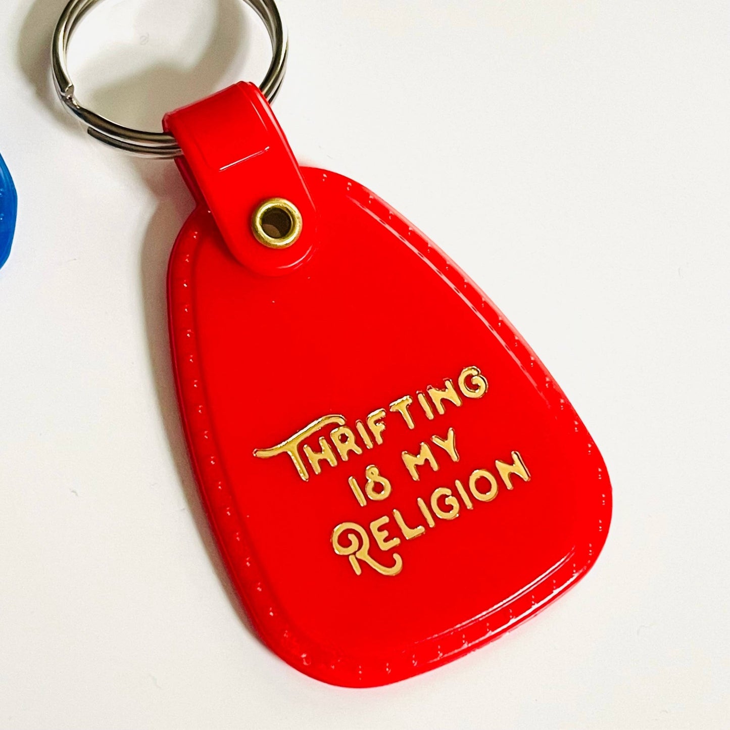 'Thrifting is My Religion' Retro Plastic Saddle Keychain by The Silver Spider Lifestyle - The Silver Spider Print Shop - Afterthought Vintage