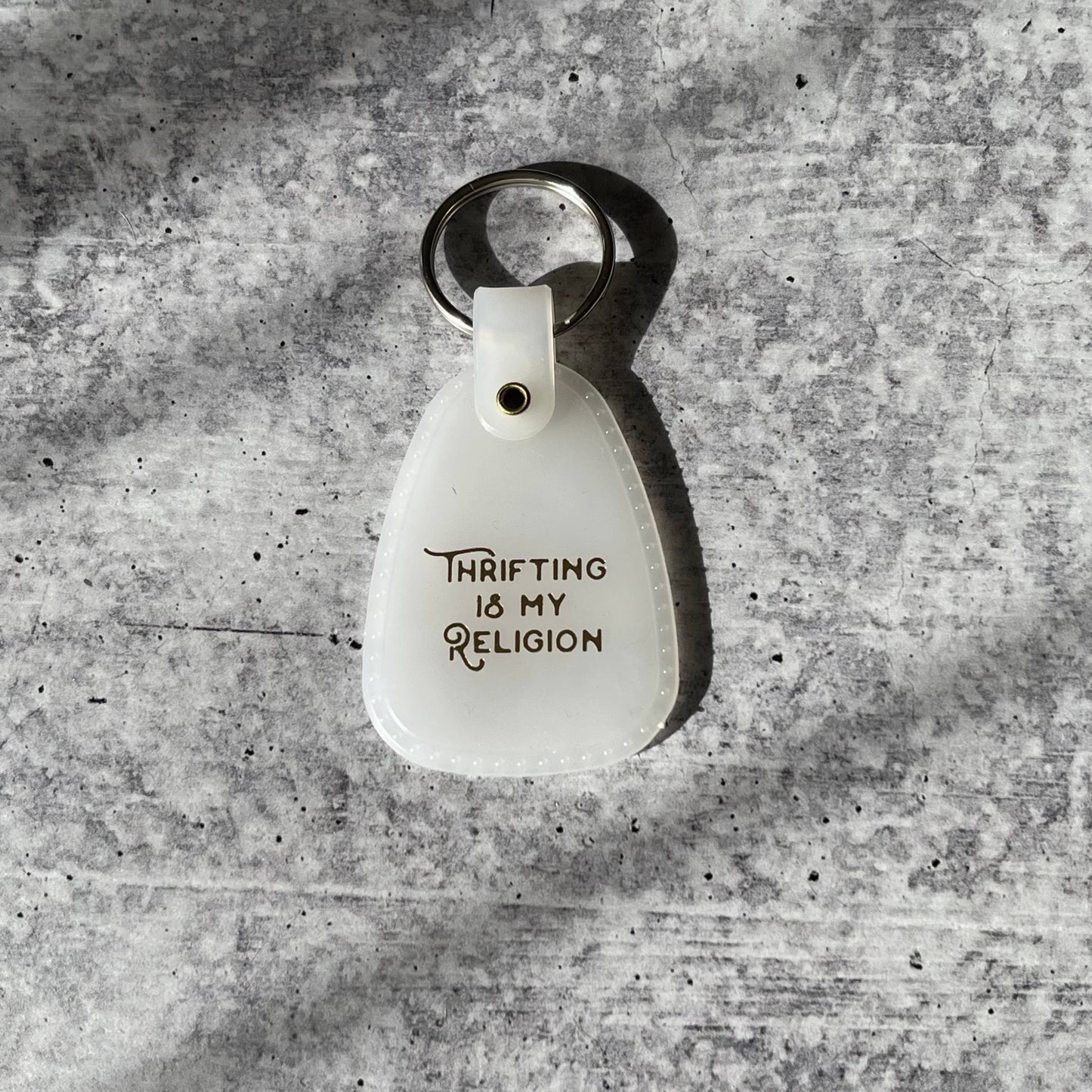 'Thrifting is My Religion' Retro Plastic Saddle Keychain by The Silver Spider Lifestyle - The Silver Spider Print Shop - Afterthought Vintage