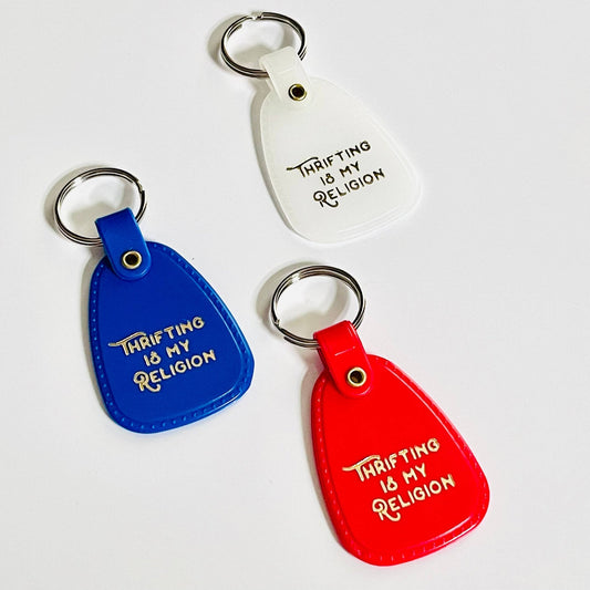 'Thrifting is My Religion' Retro Plastic Saddle Keychain by The Silver Spider Lifestyle - The Silver Spider Print Shop - Afterthought Vintage