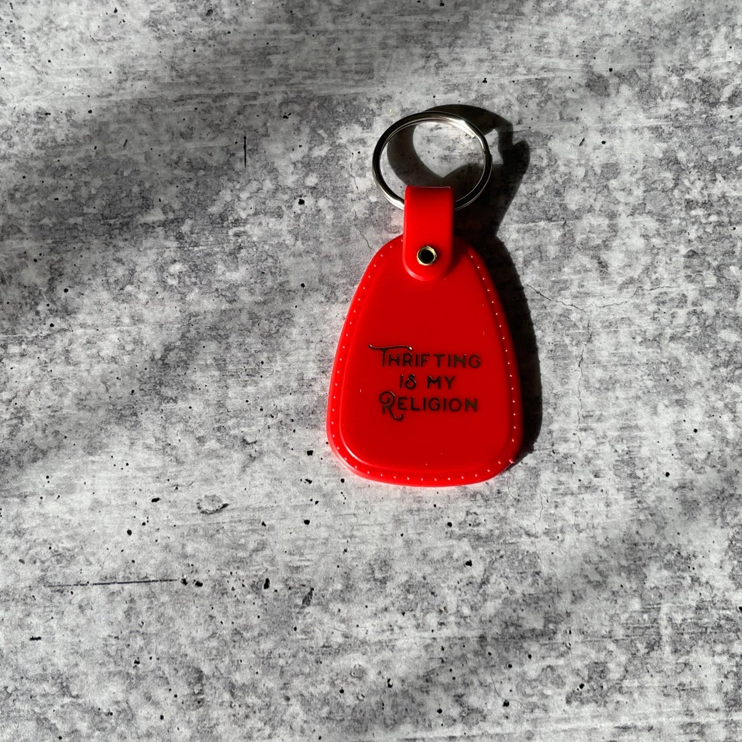 'Thrifting is My Religion' Retro Plastic Saddle Keychain by The Silver Spider Lifestyle - The Silver Spider Print Shop - Afterthought Vintage