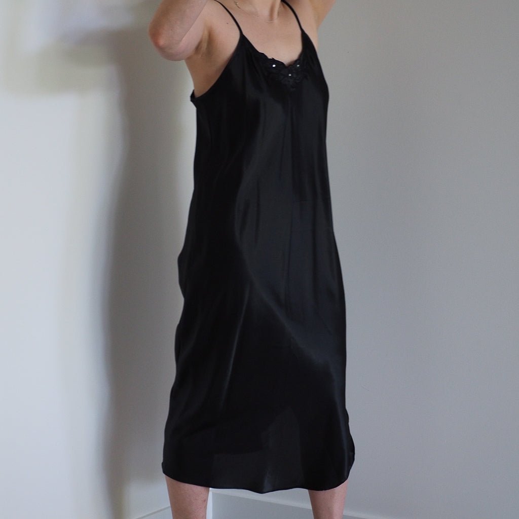 Vintage 1990s Inner Most Black Slip Dress with Lace Trim and Rhinestones Clothes - Afterthought Vintage