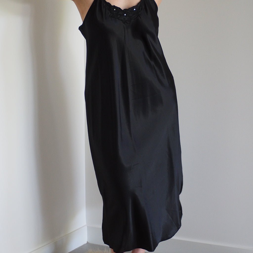 Vintage 1990s Inner Most Black Slip Dress with Lace Trim and Rhinestones Clothes - Afterthought Vintage