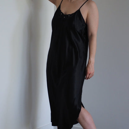 Vintage 1990s Inner Most Black Slip Dress with Lace Trim and Rhinestones Clothes - Afterthought Vintage