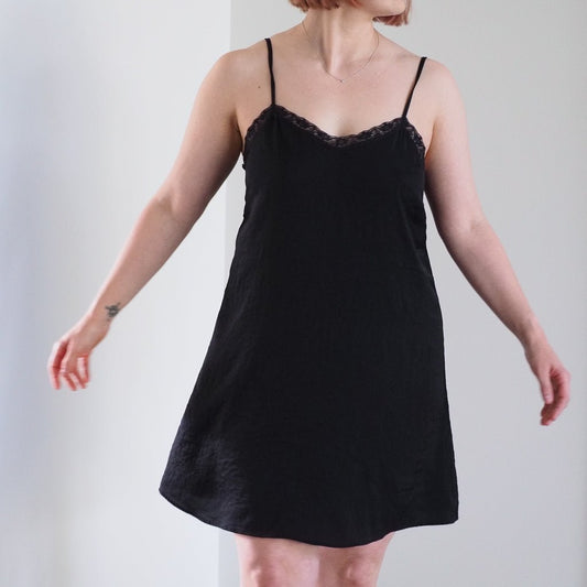 Vintage Black Slip Dress with Lace Trim Clothes - Afterthought Vintage