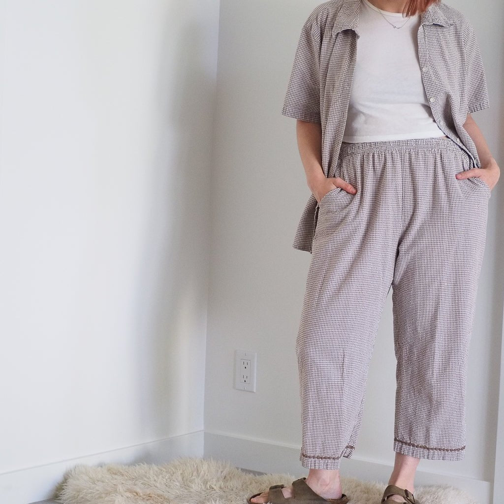 Vintage Erika Brown Gingham Cotton Pants with Elastic Waistband Clothes - Afterthought Vintage