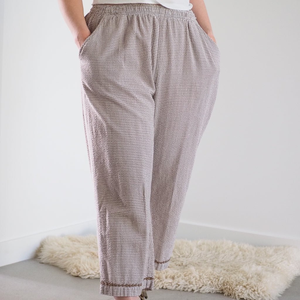 Vintage Erika Brown Gingham Cotton Pants with Elastic Waistband Clothes - Afterthought Vintage