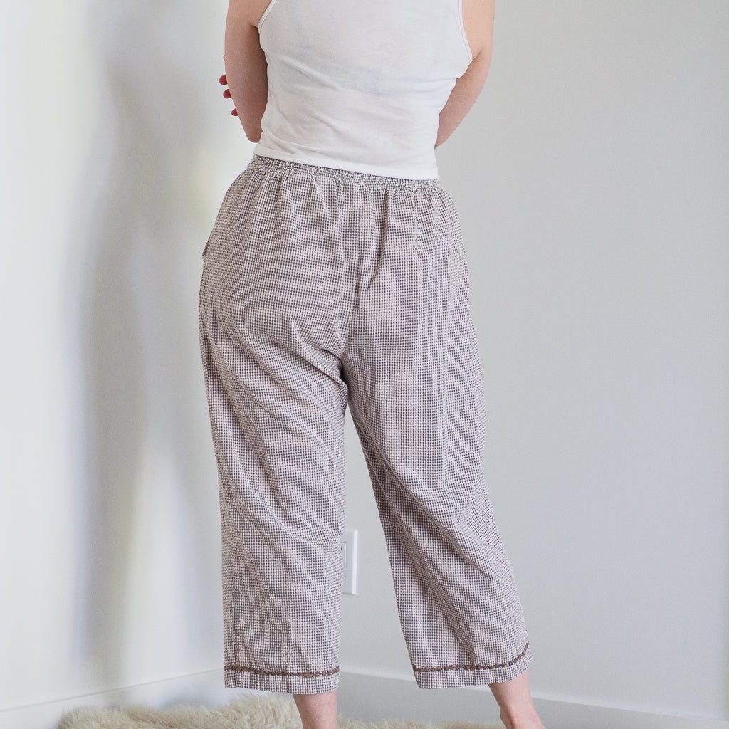 Vintage Erika Brown Gingham Cotton Pants with Elastic Waistband Clothes - Afterthought Vintage