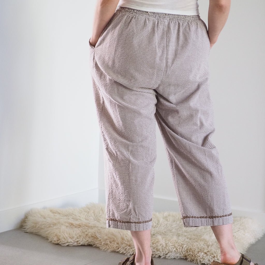 Vintage Erika Brown Gingham Cotton Pants with Elastic Waistband Clothes - Afterthought Vintage